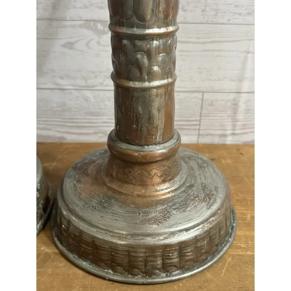 2 Large Metal Ornate Candlesticks with Handle Great Patina